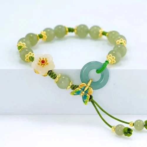Vista 3 de Choistily Pulsera de jade con cuentas de jade para mujer, pulsera de la suerte, pulsera de hoja, pulsera de cuerda de cristal curativo, pulsera