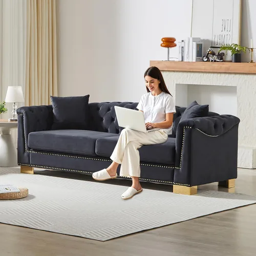 Vista 10 de Chesterfield - Juego de 2 sofás combinados de terciopelo de 3 plazas, 4 cojines clásicos de 6.5 pulgadas, brazo enrollado moderno adecuado para sala