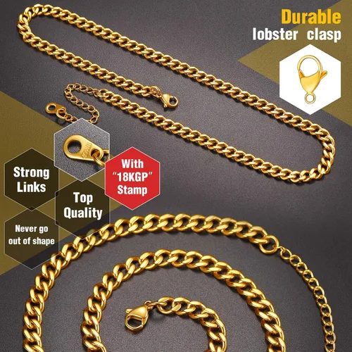 Vista 4 de ChainsPro 14-30" Mens Sturdy Miami Cuban Chain Necklace, 57912MM Width, 316L Stainless Steel18K Gold Plated-Durable Clasp (Send Gift Box)
