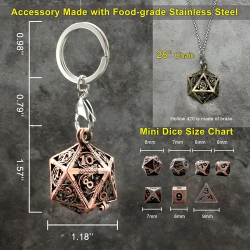 Vista 5 de Haxtec Juego Mini de Dados de Metal DND con Estuche de Collar Hueco Juego de Dados de Metal Pequeños Antiguos Juego de Llaveros D&D Portátil Juego