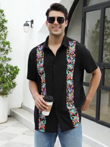 Vista 5 de Camisas mexicanas para hombre, camisa de manga corta bordada con botones y cuello de guayabera tradicional Alebriges Negro