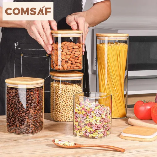 Vista 5 de ComSaf Recipientes de almacenamiento de alimentos con tapas herméticas, juego de 6, recipiente de vidrio transparente con tapa de sellado