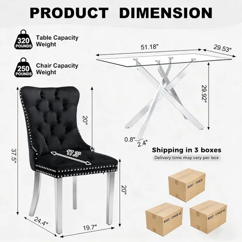 Vista 3 de Juego de mesa de comedor de vidrio de 51 pulgadas para 4, juego de 5 piezas de comedor moderno, mesa de cocina rectangular de vidrio con 4 sillas