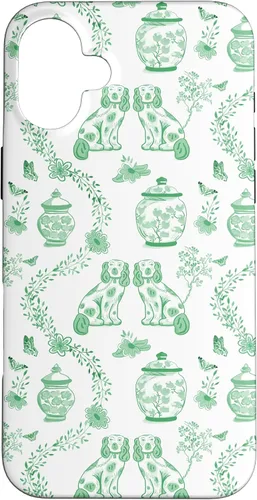 Vista 22 de Funda para iPhone XS Max Preppy Green & White Toile Chinoiserie Dogs and Ginger Jars