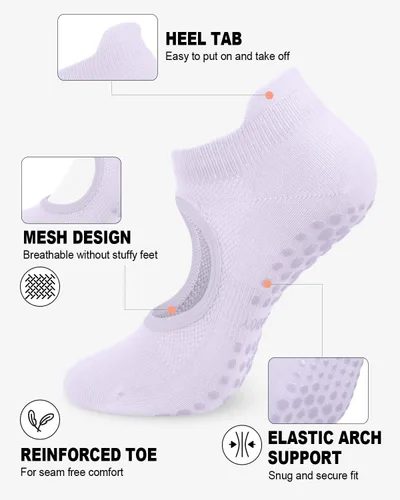 Vista 3 de 6 pares de calcetines de agarre de pilates para mujer, calcetines atléticos antideslizantes para yoga, barre, ballet, descalzo, entrenamiento