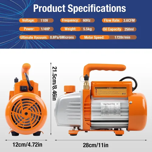 Vista 2 de BACOENG Bomba de vacío de 3.6CFM, bomba de vacío de CA de paleta rotativa de una etapa de 110 V 1/3 HP para sistema AUTO/HVAC R134a R410a R22