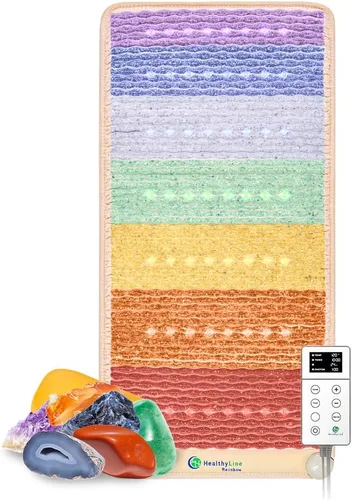 Vista 11 de HealthyLine Alfombrilla de chakra arcoíris – Reiki mejorado, yoga y masaje – Almohadilla térmica eléctrica de piedras preciosas con iones negativos