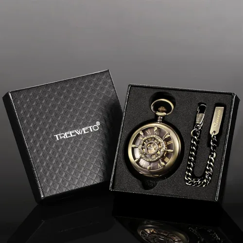 Vista 7 de TREEWETO Reloj de bolsillo con doble cubierta de bronce con números romanos para hombre y mujer