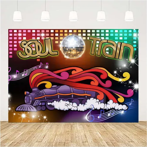 Vista 2 de XLL Tren del alma de los años 70 y 80, fondo de fotos con temática de neón brillante, 7 x 5 pies, canto, baile antiguo, discoteca, baile