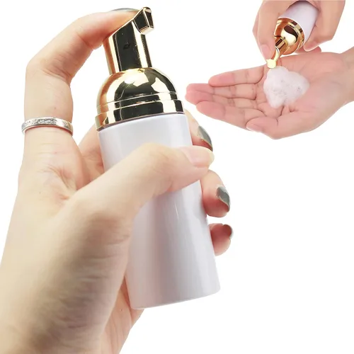 Vista 5 de Botella de espuma vacía de plástico para viajes, contenedor de espuma líquido, cuerpo blanco con bomba dorada para jabón de manos, 1.0 fl oz/1 oz