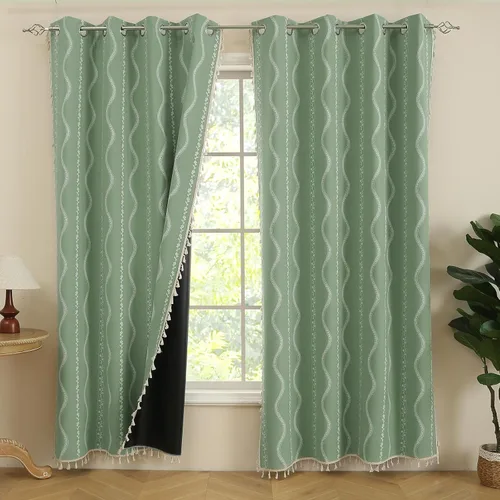 Vista 11 de Cortinas Boho ColorBird Beige Crema opacas, 2 paneles de 63 pulgadas de largo, tratamiento para ventanas con aislamiento térmico, estampado