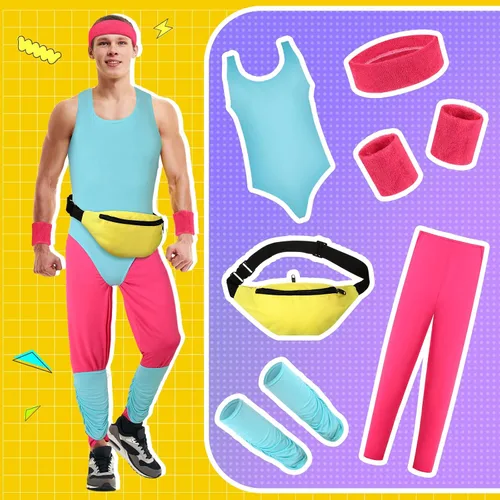 Vista 5 de Xtinmee 6 piezas de disfraz de entrenamiento de los años 80 para hombre, conjunto de traje de baño, leggings para piernas, muñequera, paquete