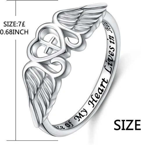 Vista 6 de FLYOW Anillo de plata de ley S925 A Piece of My Heart Lives in Heaven con alas de ángel para mujer, joyería de recuerdo de mamá, papá, abuela