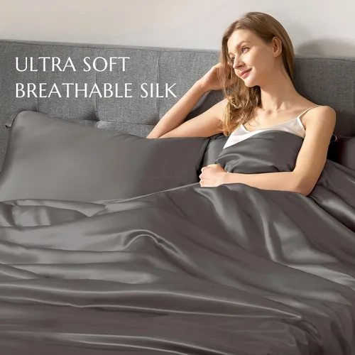 Vista 5 de THXSILK Juego de funda de edredón de seda de 4 piezas, sábanas de seda, juegos de cama de lujo, ultra suave, lavable a máquina, duradera, 100% seda