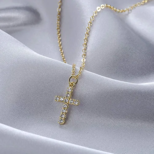 Vista 7 de Tewiky Cross Necklace for Women-Dainty Simple 14k Goldsterling silver Plated Cross Pendant Cute Diamond Necklaces for Women Gold Jewelry