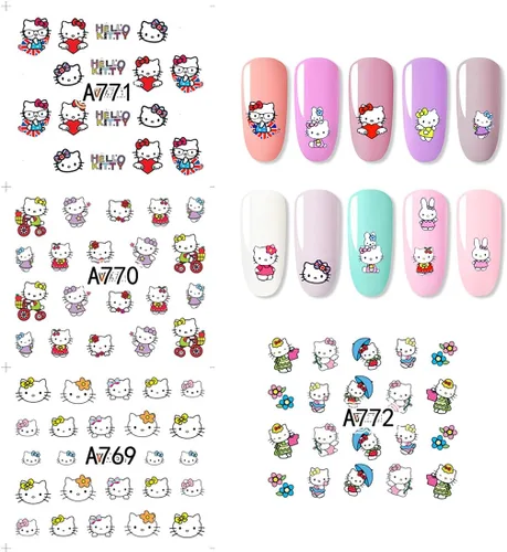 Vista 2 de Calcomanías de uñas autoadhesivas de dibujos animados de gato kawaii para mujeres y niñas (12 hojas)