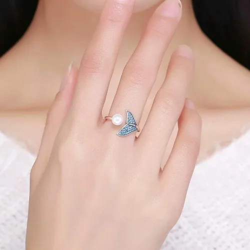 Vista 2 de Presentski Anillos abiertos de plata de ley con perlas de sirena ajustables para mujeres
