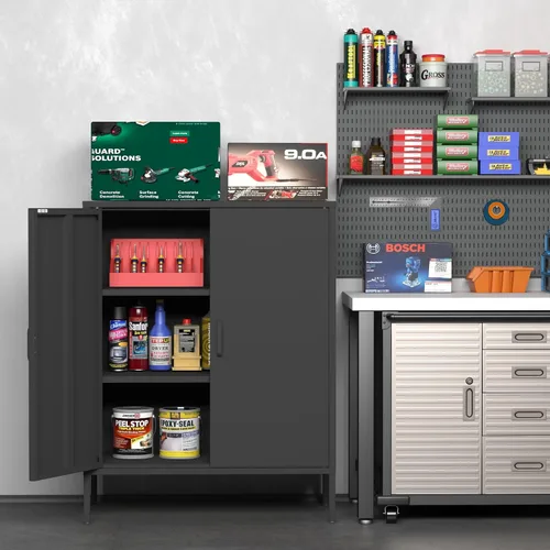 Vista 34 de Gabinete de almacenamiento de metal ancho negro, gabinete de acento de 2 puertas para el hogar y la oficina, gabinete de metal bajo de 2 niveles