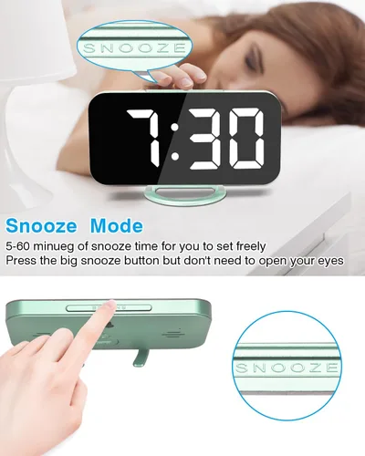 Vista 6 de Reloj despertador para dormitorio, reloj digital con espejo LED de 7 pulgadas, pantalla grande, con 2 puertos de carga USB, atenuador automático