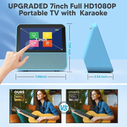 Vista 5 de Mini TV portátil de 7 pulgadas: pantalla táctil HD 1080P Smart TV portátil con sintonizador ATSC - Máquina de karaoke con Bluetooth - TV con batería