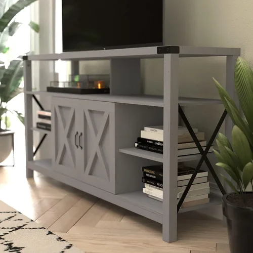 Vista 2 de Flash Furniture Wyatt - Mueble de TV alto y moderno de 60 pulgadas, gabinete de consola gris costero, estante central ajustable, estantes fijos
