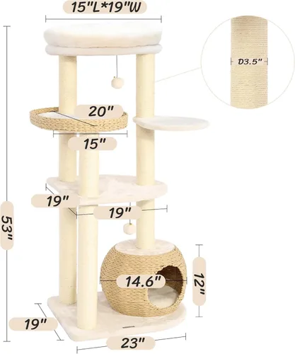 Vista 6 de KAMABOKO Árbol Moderno para Gatos, Torre de 53 pulgadas para Gatos de Interior, Postes Rascadores de Sisal Natural, Condominio Tejido a Mano