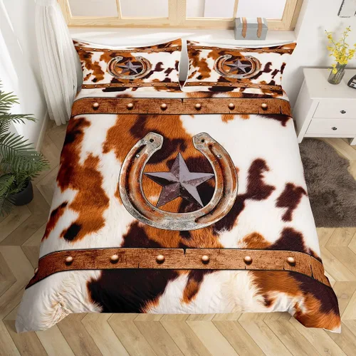 Vista 9 de Funda de edredón de herradura con diseño de estrellas de Texas, estilo occidental, rústico, verde azulado, juego de ropa de cama individual