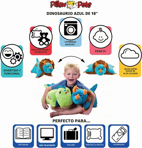 Vista 2 de Pillow Pets - Triceratops azul, juguete de peluche de 18 pulgadas
