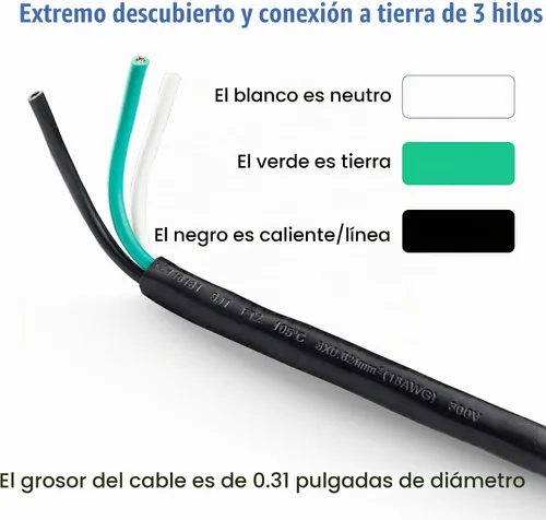 Vista 6 de Cable de fuente de alimentación de repuesto de calibre 18 de 3 clavijas resistente de 10 pies 110V 115V 120V coleta para electrodoméstico de CA