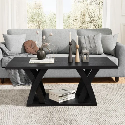 Vista 6 de FROMJBEST - Mesa de café de estilo rústico con estante, mesa de café moderna, mesa de café negra para sala de estar, mesas de sala de estar, 47" Gris