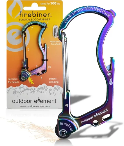 Vista 34 de OUTDOOR ELEMENT Firebiner Custom Engraved 6-in-1 Fire Starter Carabiner Multitool – Survival Gear EDC Keychain with Utility Blade, Bottle Opener