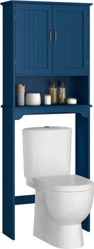 Vista 13 de Yaheetech Almacenamiento sobre el inodoro con 2 puertas y estante ajustable, estante de inodoro independiente de madera que ahorra espacio, gabinete