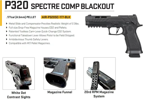 Vista 6 de SIG SAUER P320 Spectre Comp Blackout CO2 Pellet Air Pistol Semi-Auto, 20rd Pellet Magazine, alimentado con CO2