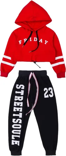 Vista 5 de Conjunto de 2 piezas para niñas, ropa de baile hip hop, sudadera con capucha recortada, pantalones deportivos, ropa de baile, Chándal.
