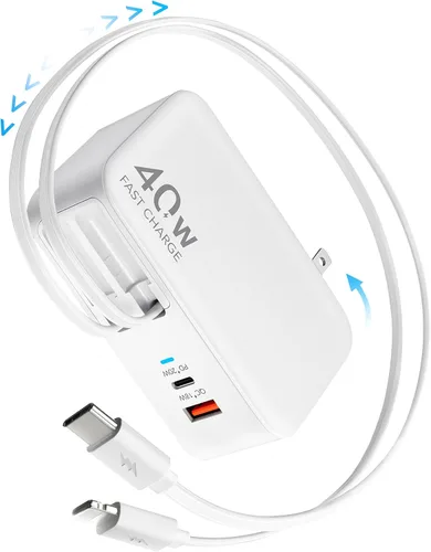 Vista 11 de Cargador de pared USB C retráctil con enchufe de pared, cables tipo C dobles de 35.5in/90cm, bloque plegable multi cargador de 40W de carga rápida