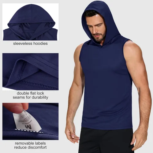 Vista 4 de Paquete de 3 sudaderas sin mangas para hombre, de secado rápido, con capucha, para correr, gimnasio, muscular, camisetas sin mangas