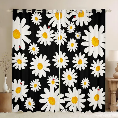 Vista 9 de Cortinas opacas de margaritas blancas, cortinas florales Trippy para niños y niñas, flores amarillas de jardín, 76 x 45 pulgadas, cortinas