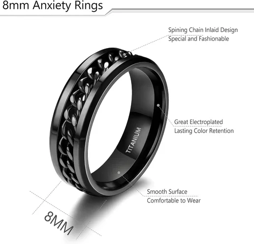 Vista 3 de Besteel Anillo antiestrés de titanio negro para hombre, 0.315 pulgadas, anillo de boda, anillos de alivio de estrés y ansiedad, anillo giratorio