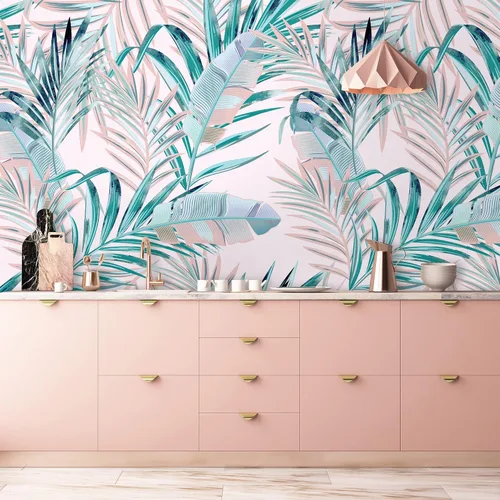 Vista 3 de Murwall Pink Leaf Wallpaper Tropical Leaf Wall Mural Exotic Colorful Summer Leaves Wallpaper