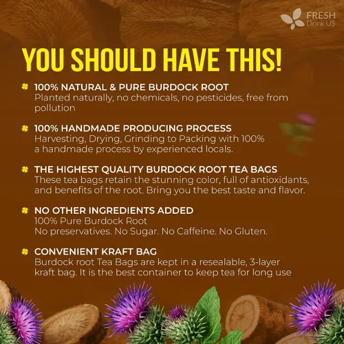 Vista 3 de FreshDrinkUS, 40 bolsas de té de raíz de bardana premium, 100% natural y puro de raíz de bardana. Fabricado con bolsas de té de material natural.