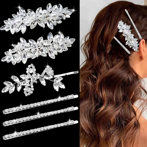 Vista 7 de 3 pinzas para el pelo nupcial con diamantes de imitación, horquillas de cristal, horquilla plateada, pasador de joyería para novias, damas de honor