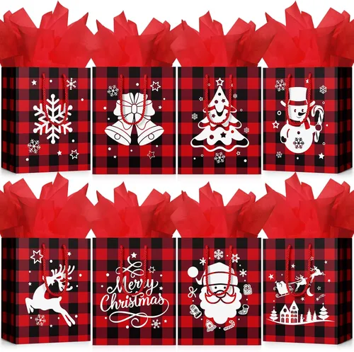 Vista 9 de Cholemy 16 piezas de bolsas de regalo de Navidad medianas gruesas con papel de seda, bolsas de papel kraft de Navidad con asas para envolver regalos