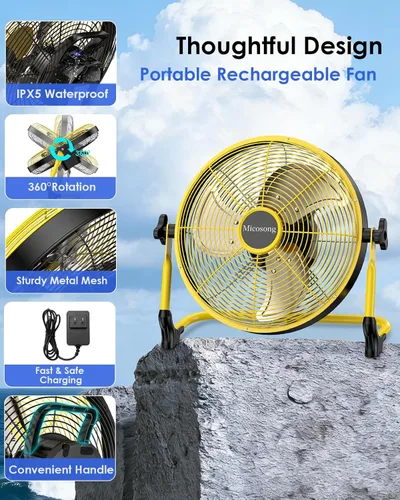 Vista 6 de Ventilador de suelo portátil de 14 pulgadas, ventilador de campamento inalámbrico para exteriores, ventilador recargable de larga duración