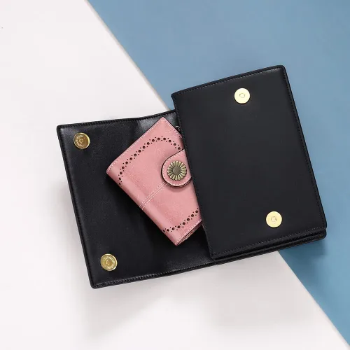 Vista 6 de SENDEFN - Billetera pequeña para mujer de cuero con doble solapa, portatarjetas con bloqueo RFID, bolsillo con cremallera para monedas 1-cera-rosa