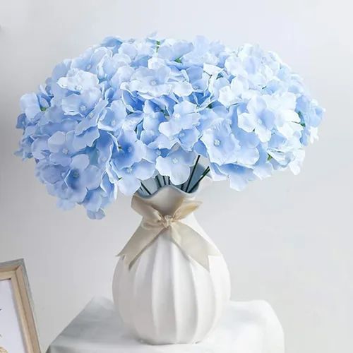 Vista 5 de FagusHome 30 piezas de cabezas de hortensias artificiales de seda, cabezas y tallos de hortensias artificiales para decoración del hogar y boda Azul