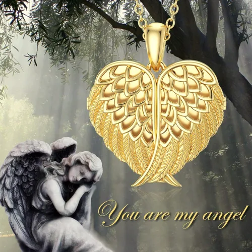 Vista 5 de SOULMEET Collar con medallón de corazón de ala de ángel que sostiene foto con colgante de medallón con texto en inglés "You Are My Angel", plata