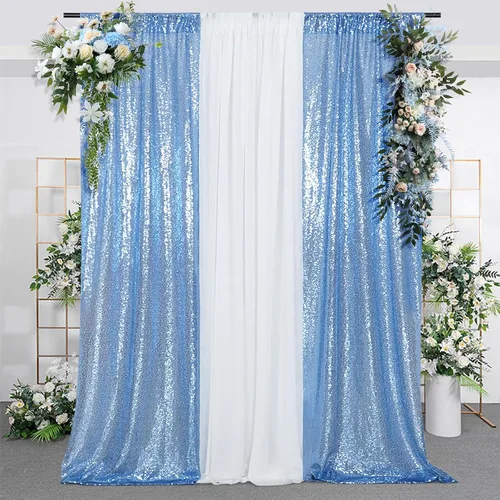 Vista 2 de SquarePie - Cortina de lentejuelas 2 pies x 8 pies, azul bebé, 2 piezas, decoración brillante para bodas y fiestas