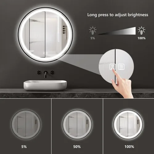 Vista 5 de ROOMTEC Espejo de baño LED redondo de 28 pulgadas con luces, espejo de tocador circular con parte delantera y retroiluminada, marco de aluminio