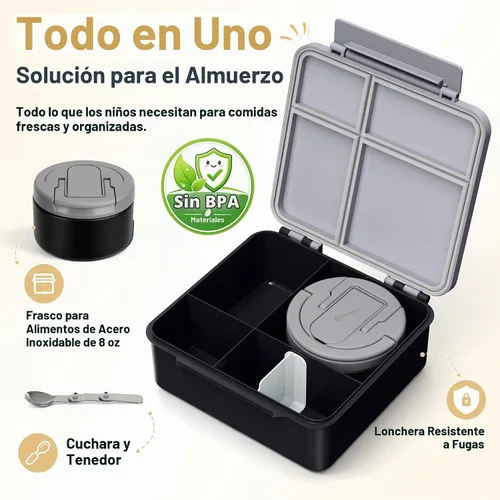 Vista 2 de Lonchera Bento para Niños con Termo para Sopa de 8oz, Contenedores de Comida para Almuerzo Impermeables para Niños con 4 Compartimentos, Tarro Negro