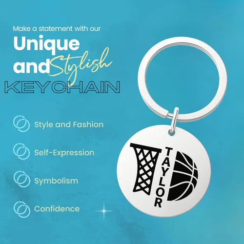 Vista 4 de Llavero de baloncesto personalizado, regalo personalizado de acero inoxidable grabado para jugadores, entrenadores, adolescentes, niños y niñas